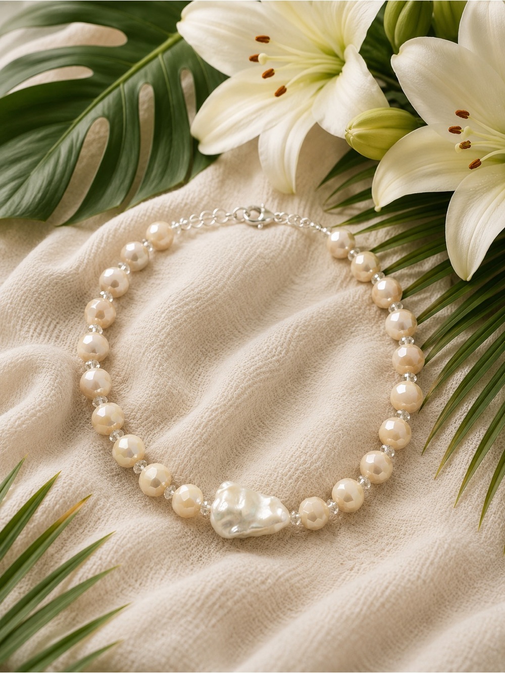 🆕❤️🍁Elegant Genuine Cream Freshwater Pearl Crystal Solitaire Necklace